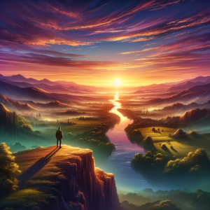  new horizon symbolizing a fresh perspective on life. The scene includes a vibrant sunrise 